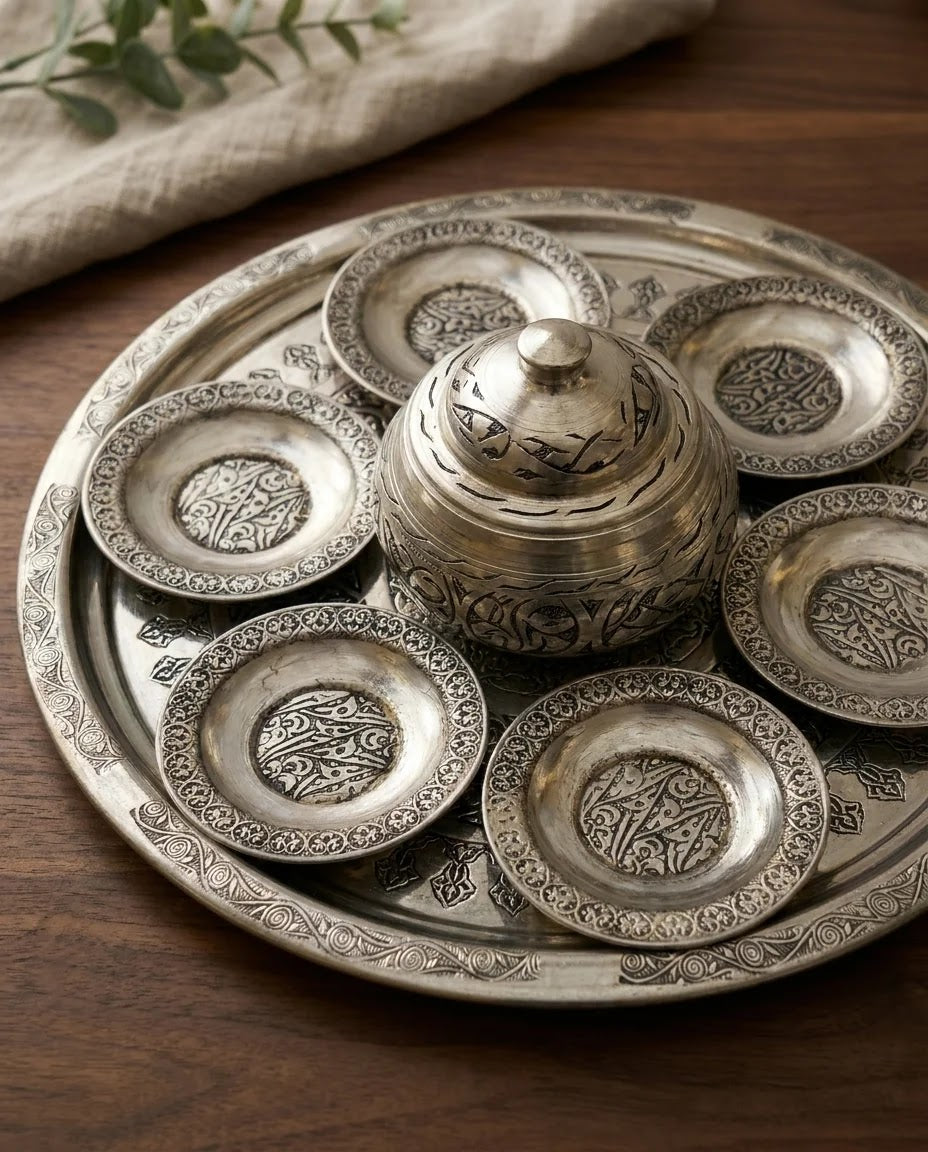 Kalem Nakışlı Beyaz Bakır Çay Seti, Antep İşi - Gaziantep Bakırcılık