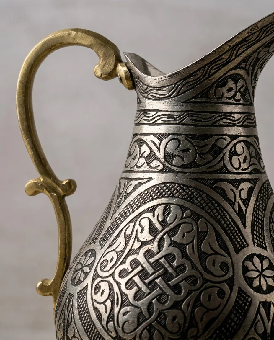 Tarama İşlemeli Pirinç Kulplu Bakır Sürahi, Antep İşi - Gaziantep Bakırcılık