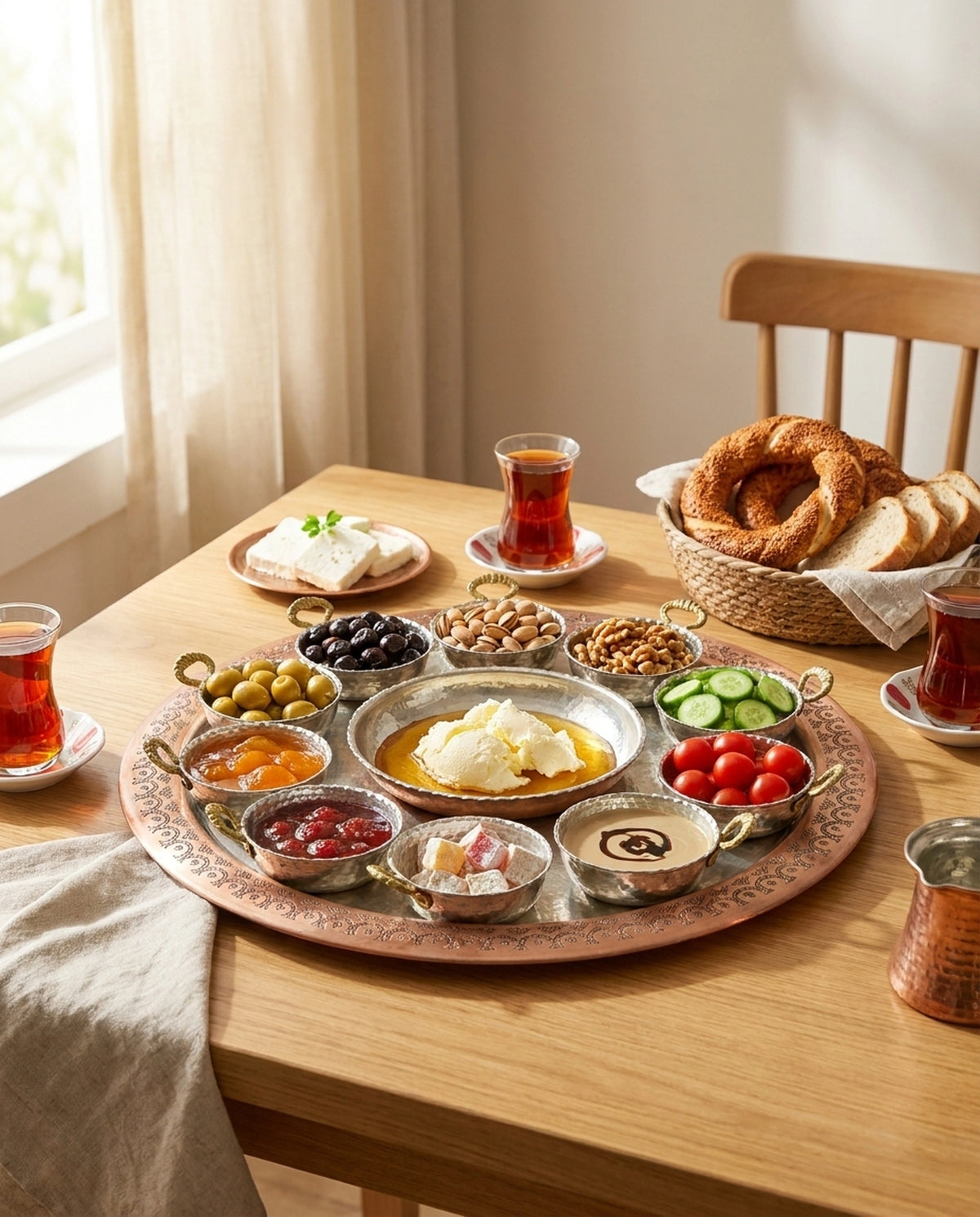 Aydınlık yemek masasında simit ve çay ile servis edilmiş, bal ve kaymaklı bakır kahvaltı seti. - Gaziantep Bakırcılık