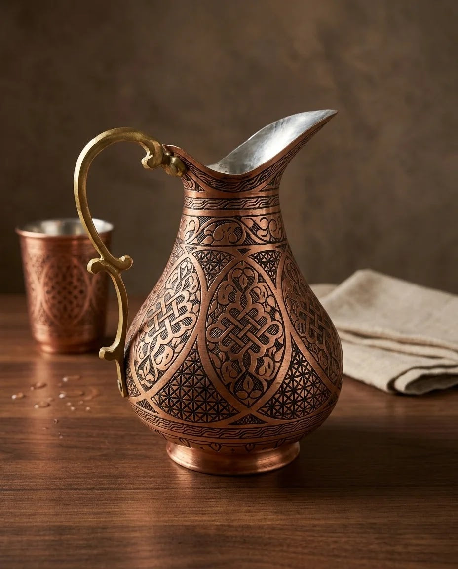 Tarama Motifli Kırmızı Bakır Sürahi 2 Litre, Antep İşi - Gaziantep Bakırcılık