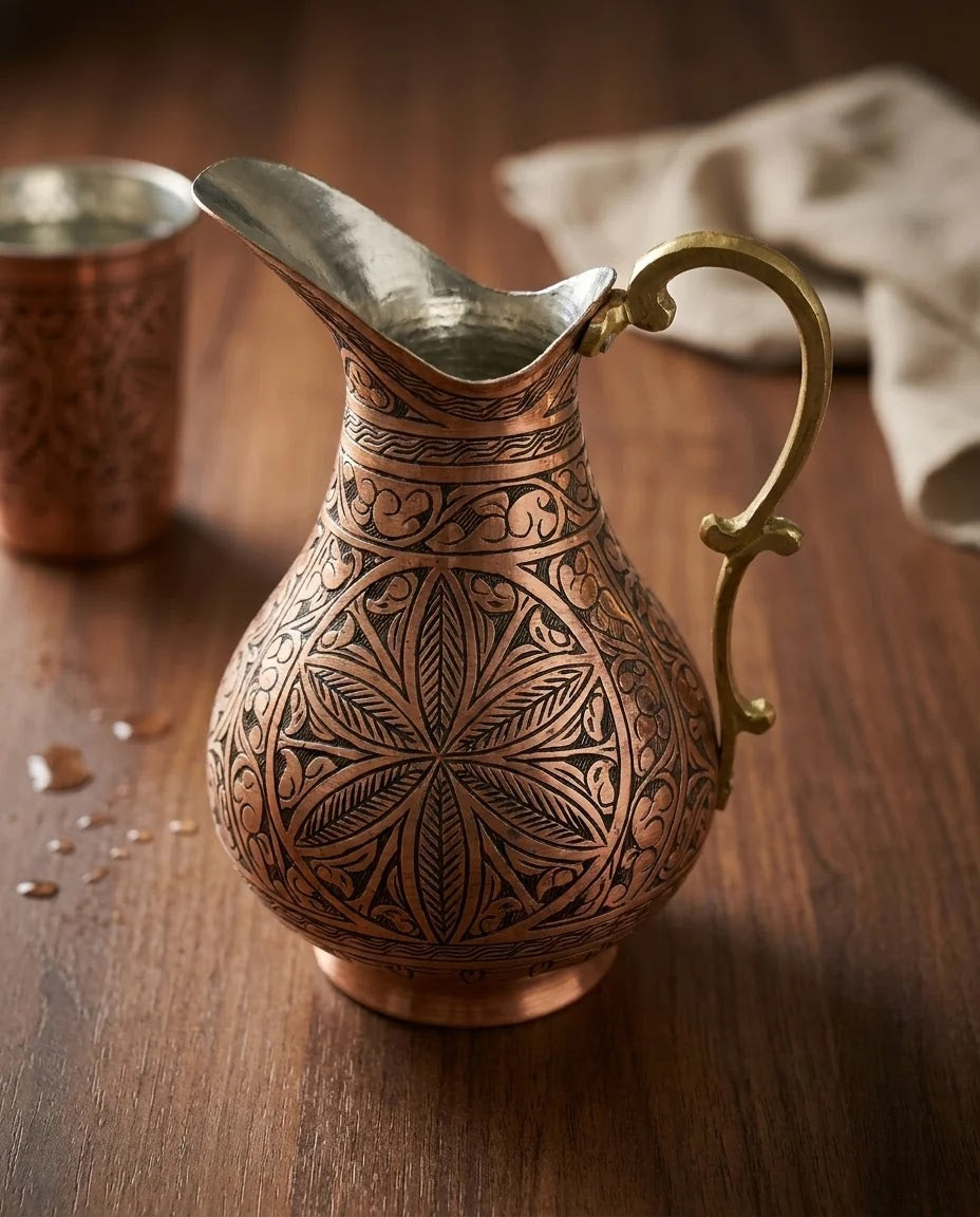 Tarama İşlemeli Kırmızı Bakır Sürahi 2 Litre, Antep İşi - Gaziantep Bakırcılık