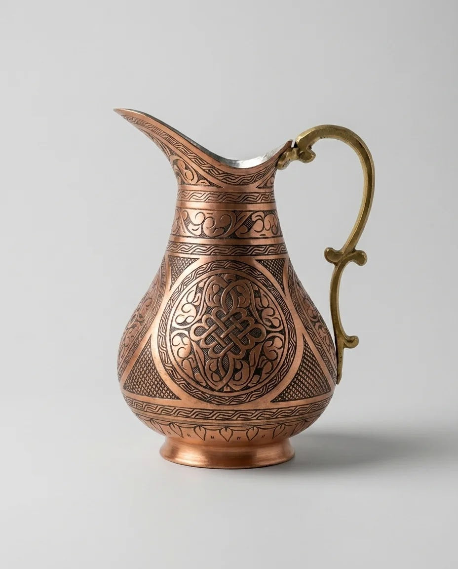 Tarama İşlemeli Kırmızı Bakır Sürahi 2 Litre, Antep İşi - Gaziantep Bakırcılık