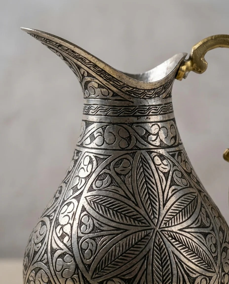 Tarama Motifli Pirinç Kulplu Bakır Sürahi 2 Litre, Antep İşi - Gaziantep Bakırcılık