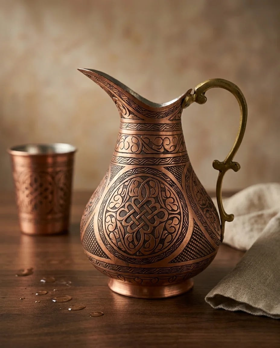Tarama İşlemeli Kırmızı Bakır Sürahi 2 Litre, Antep İşi - Gaziantep Bakırcılık