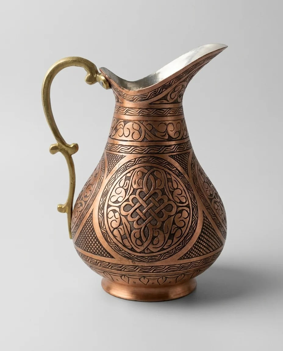 Tarama İşlemeli Kırmızı Bakır Sürahi 2 Litre, Antep İşi - Gaziantep Bakırcılık