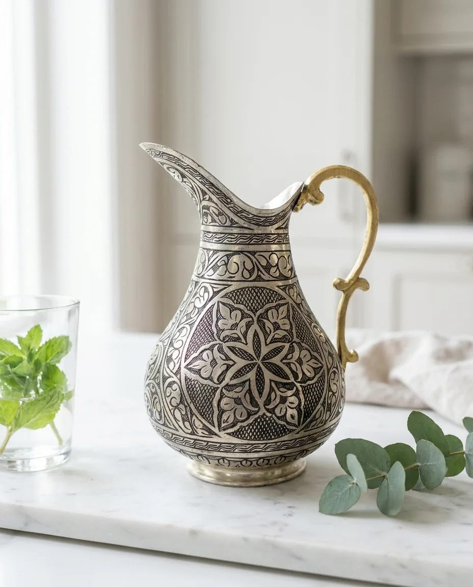 Tarama İşlemeli Kalaylı Bakır Sürahi 2 Litre, Antep İşi - Gaziantep Bakırcılık