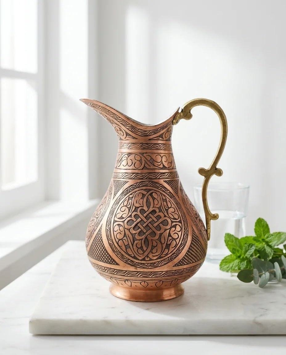 Tarama İşlemeli Kırmızı Bakır Sürahi 2 Litre, Antep İşi - Gaziantep Bakırcılık