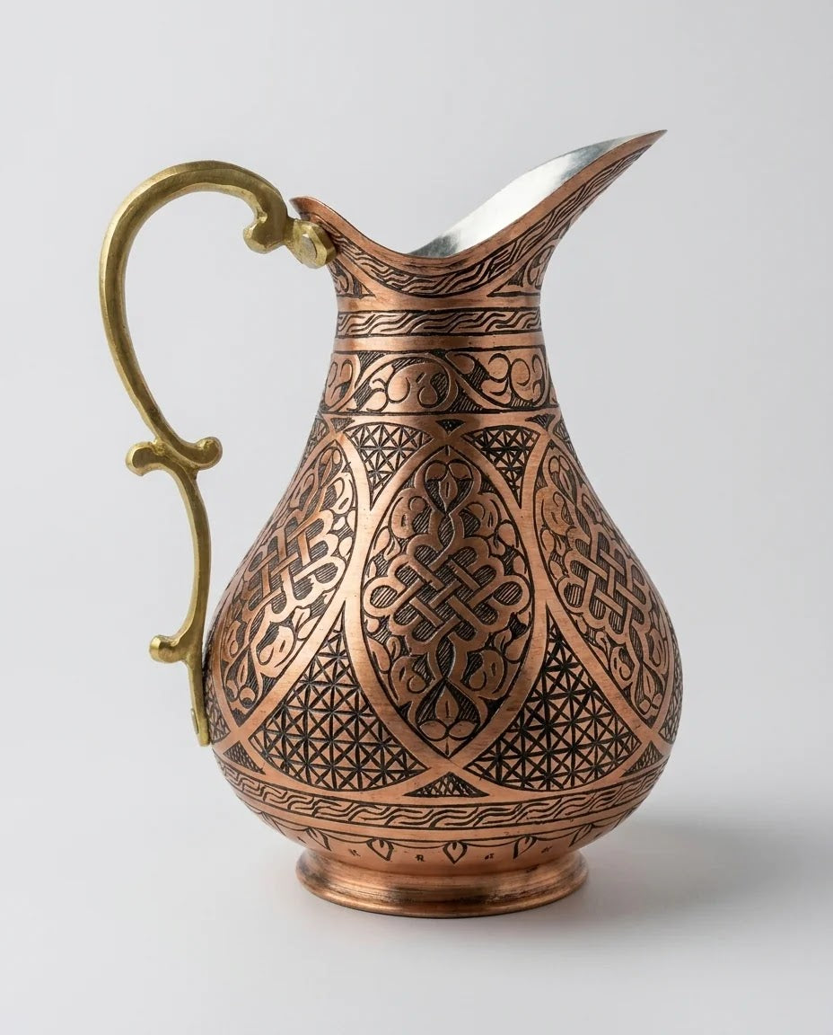 Tarama Motifli Kırmızı Bakır Sürahi 2 Litre, Antep İşi - Gaziantep Bakırcılık