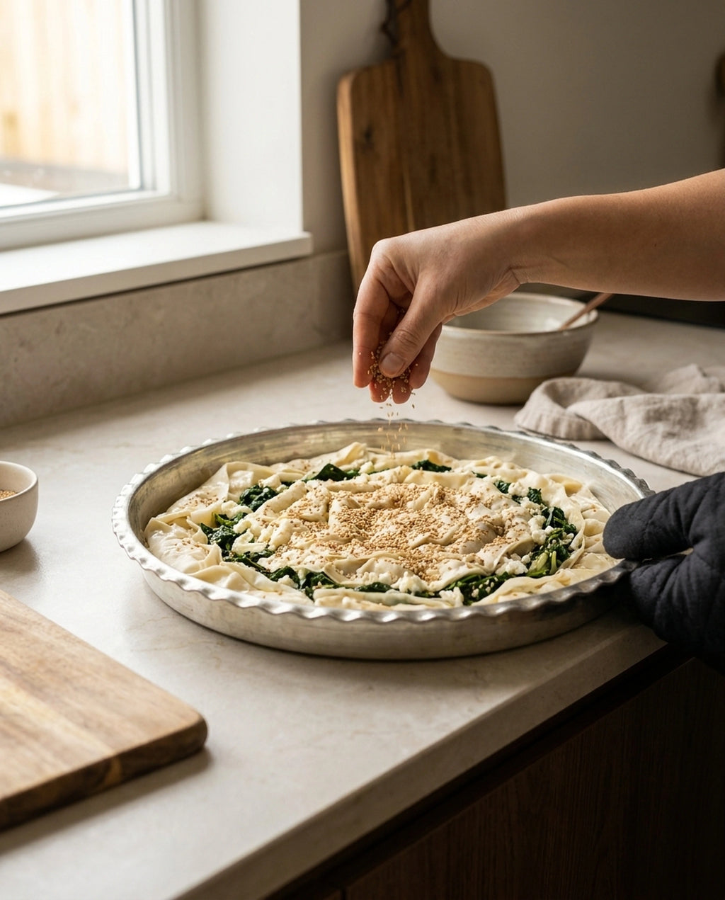 İçerisine çiğ börek yerleştirilmiş kalaylı bakır fırın tepsisine susam serpen bir elin görünümü. - Gaziantep Bakırcılık