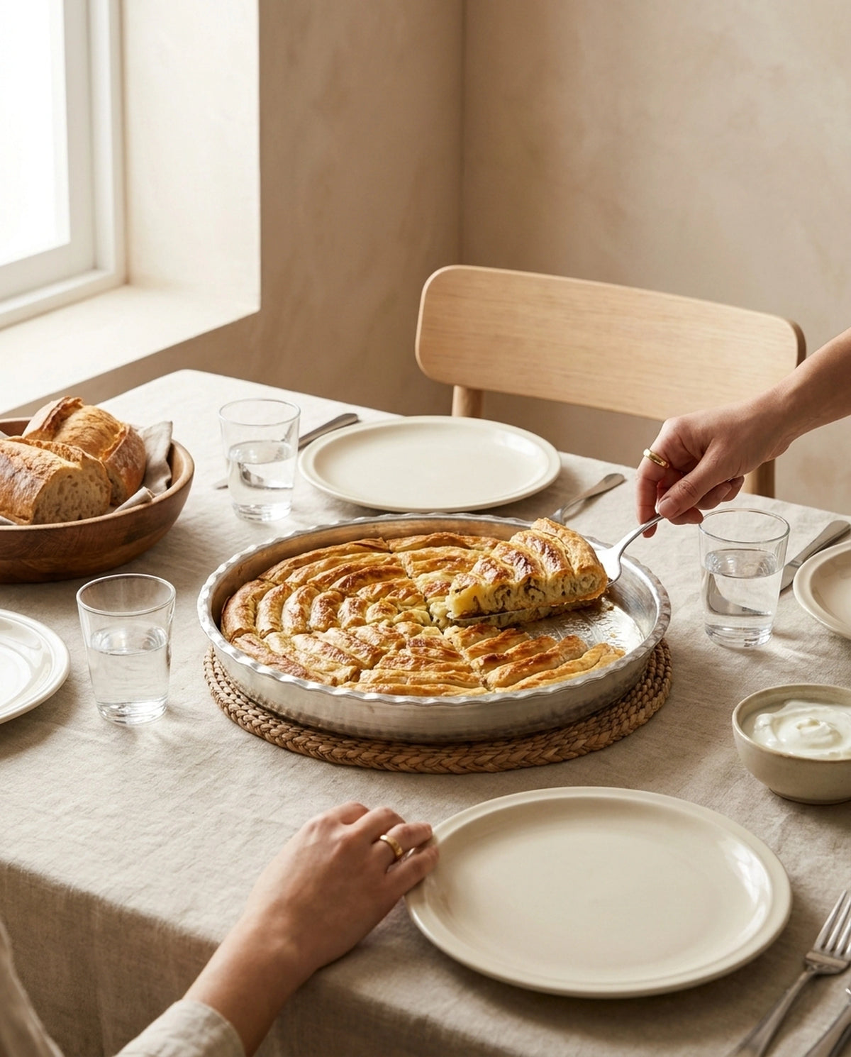 Yemek masasında, nihale üzerindeki bakır tepsiden spatulayla servis edilen dilimlenmiş börek. - Gaziantep Bakırcılık