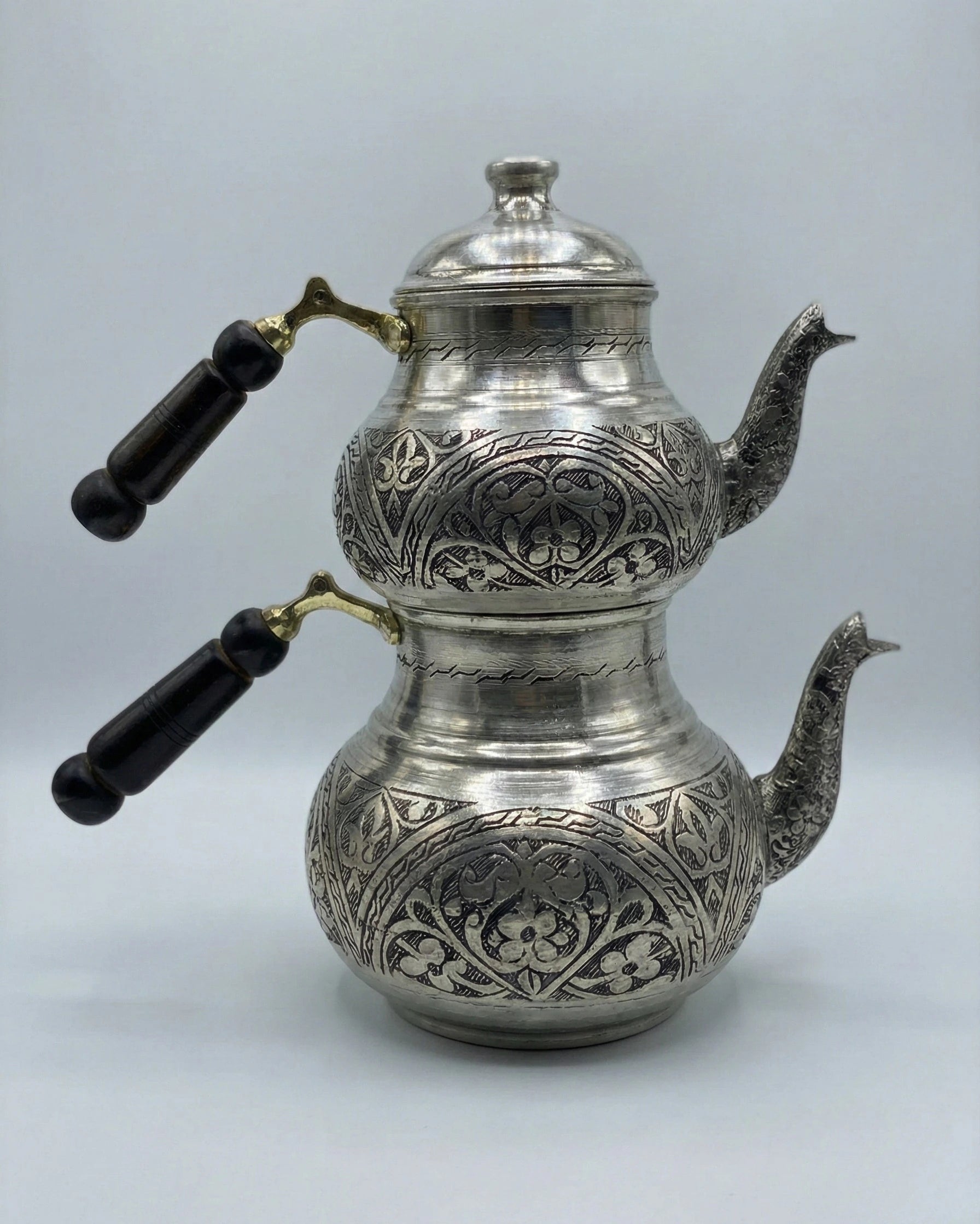 İşlemeli Beyaz Kalaylı 3 Litre Aile Boyu Bakır Çaydanlık