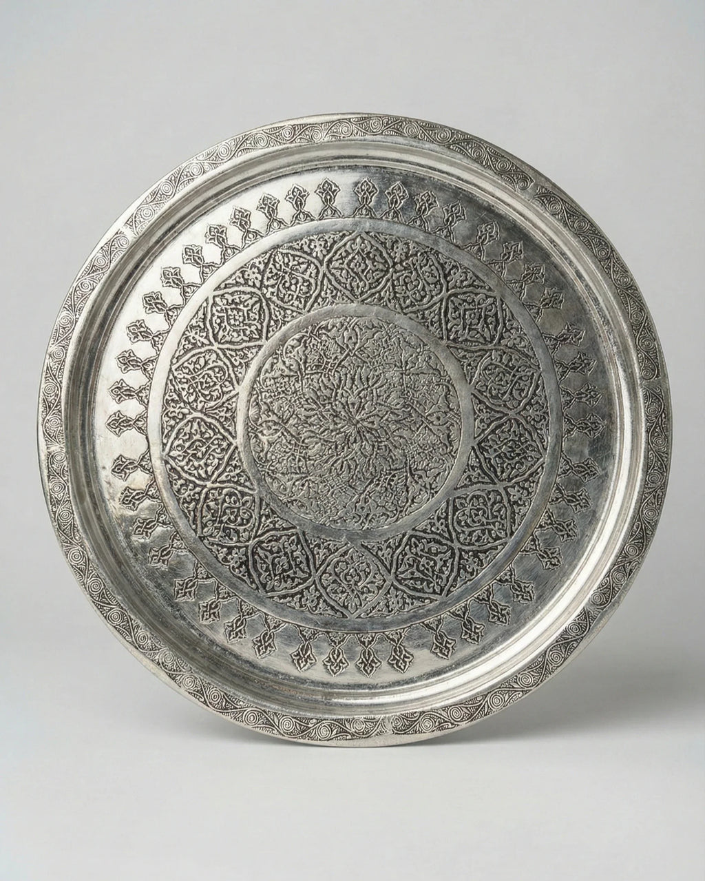 Antep Selçuklu Motifli Gümüş Bakır Tepsi - 35 cm