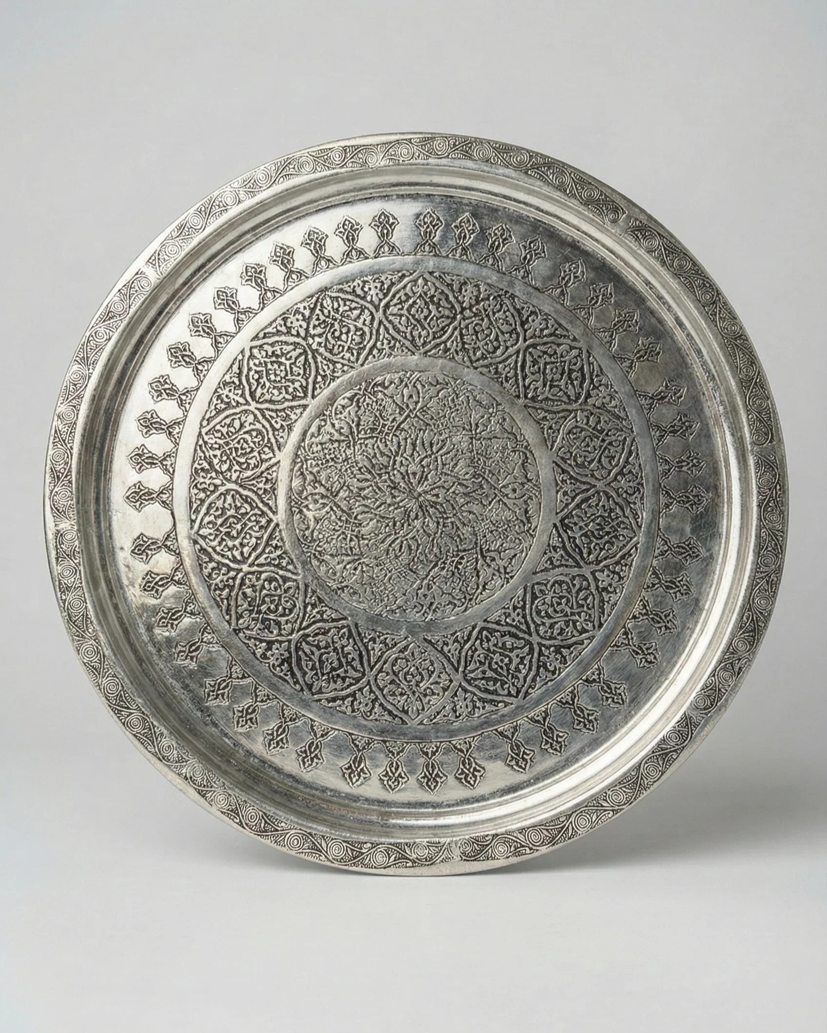 Antep Selçuklu Motifli Gümüş Bakır Tepsi - 35 cm