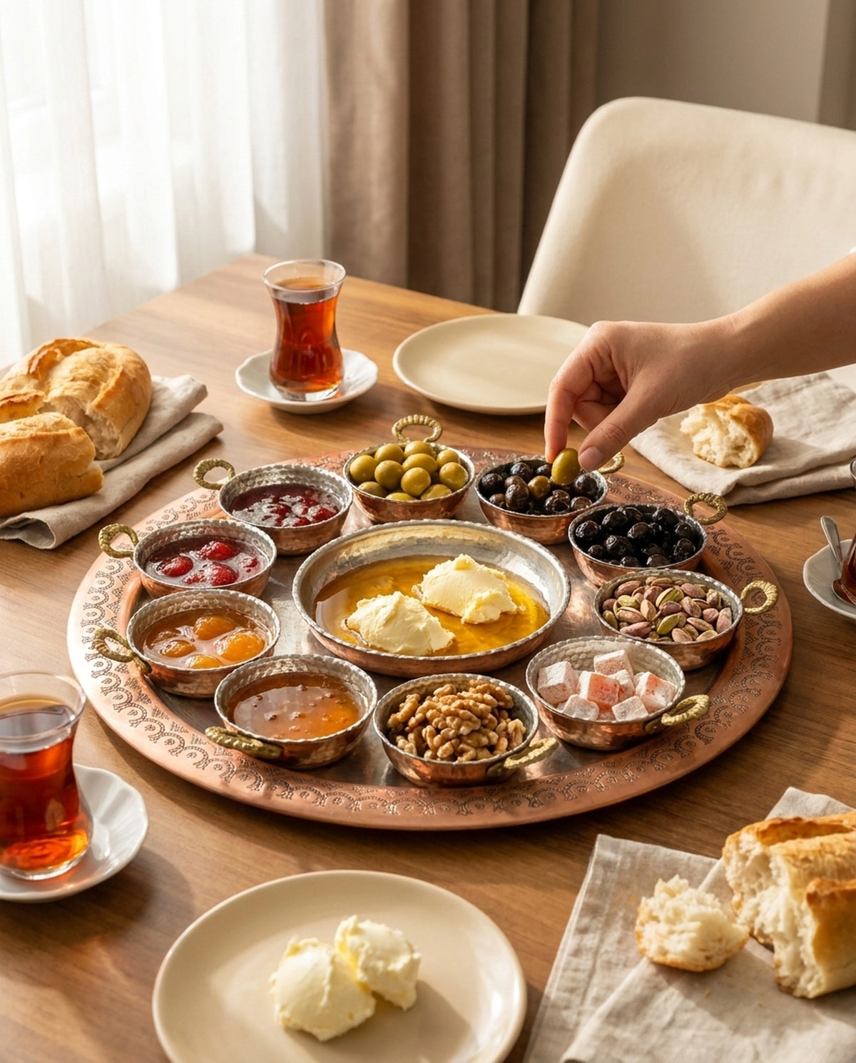 Bakır kahvaltılık setinden zeytin alan bir el, dolu sunum kaseleri ve sofra detayı. - Gaziantep Bakırcılık