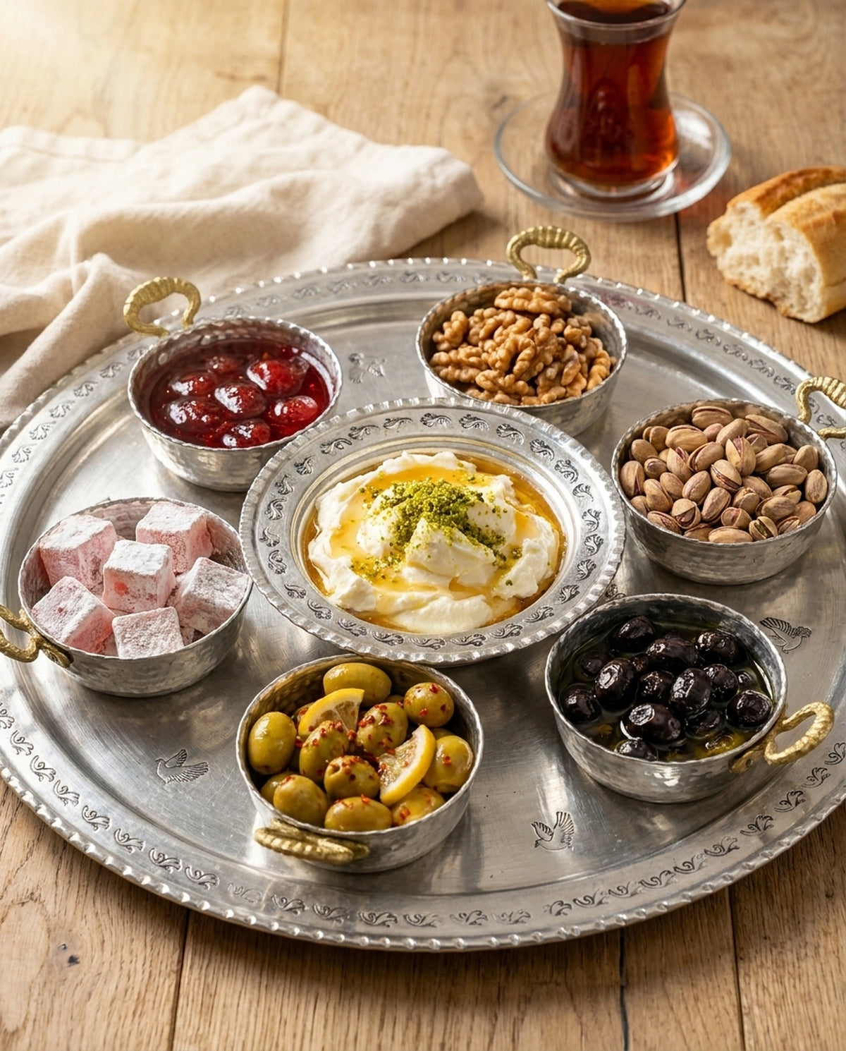Ahşap masada reçel, bal, kaymak ve zeytin ile doldurulmuş kahvaltı setinin çay eşliğinde sunumu. - Gaziantep Bakırcılık
