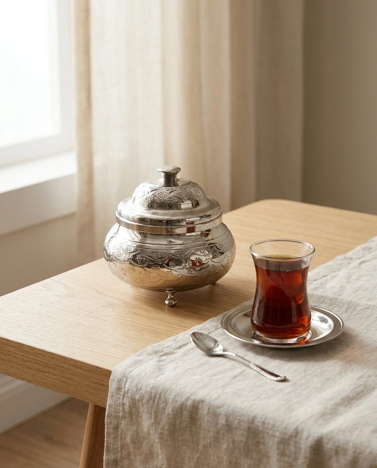 Ahşap masa üzerinde ince belli bardakta çay ile sunulan kapaklı bakır şekerlik. - Gaziantep Bakırcılık