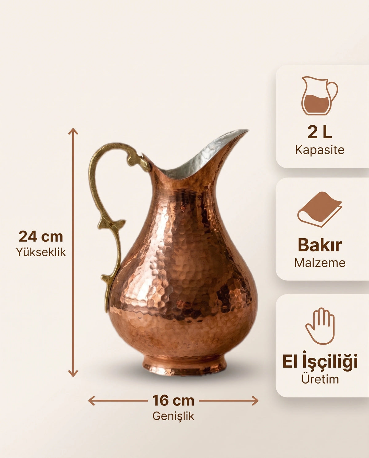 Antep Dövme Armudi Kapaksız Kızıl 2 L Bakır Sürahi - Bilgi İnfografiği - Gaziantep Bakırcılık