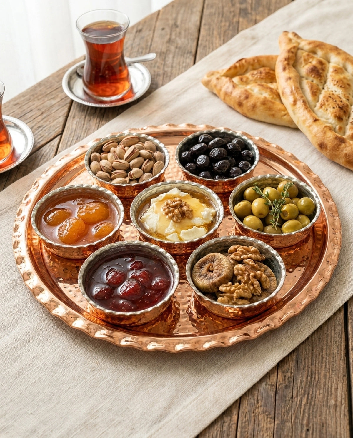 İçinde reçel, zeytin ve çerezler bulunan bakır kahvaltı setinin çay ve pide eşliğinde sofradaki görünümü. - Gaziantep Bakırcılık