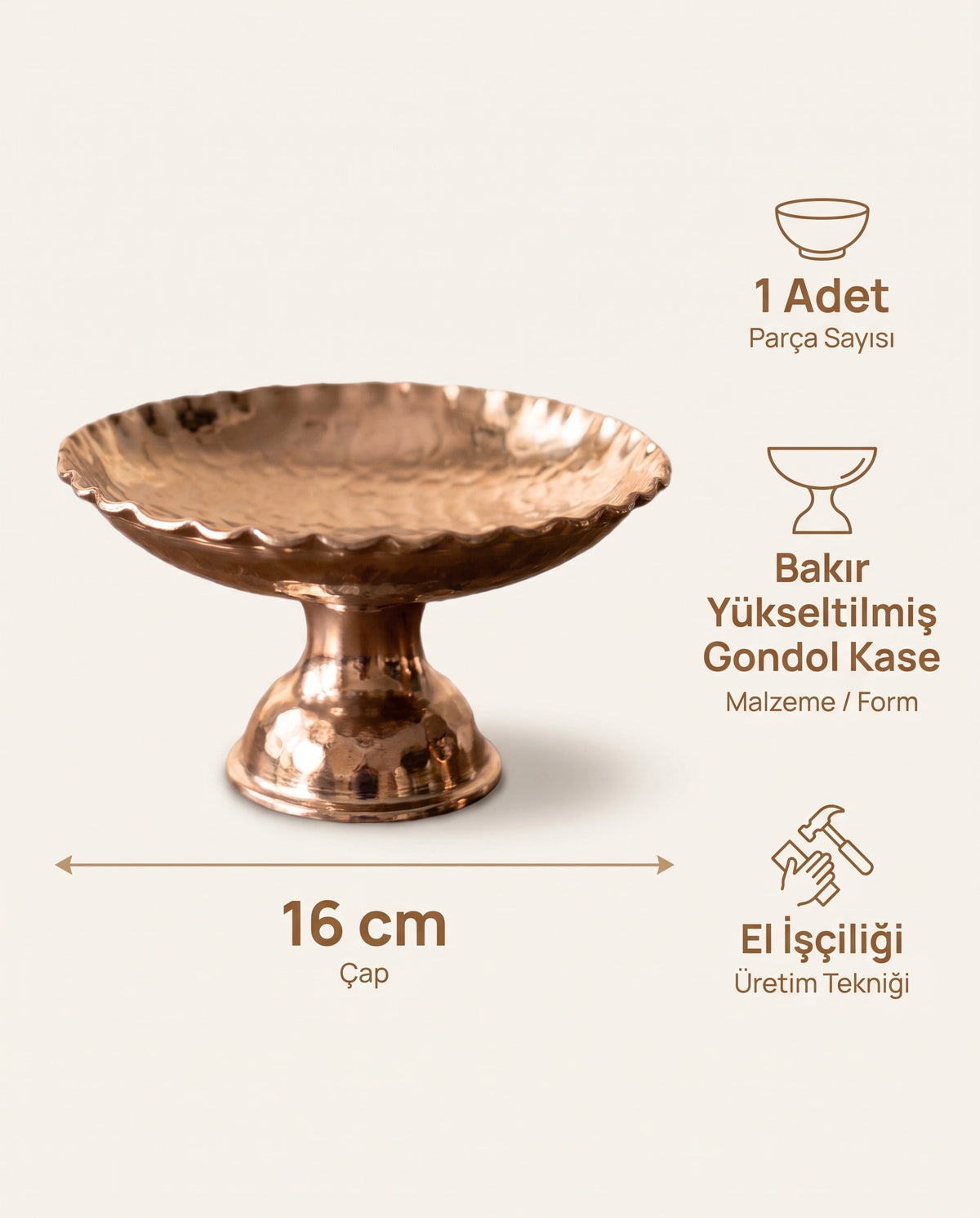 Antep İşi Ayaklı, Dilimli Kenar Beyaz Bakır Sunumluk 16 cm - Bilgi İnfografiği - Gaziantep Bakırcılık