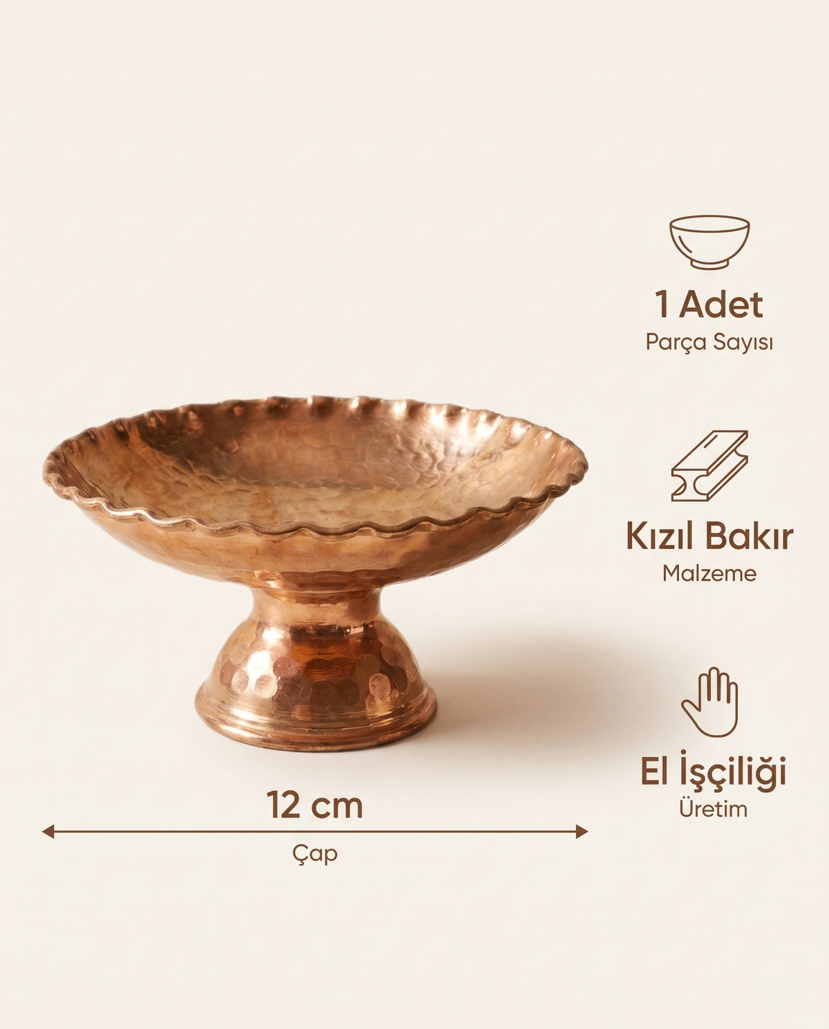 Antep İşi Ayaklı, Dilimli Kenar Kızıl Bakır Sunumluk ve Çerezlik 12 cm - Bilgi İnfografiği - Gaziantep Bakırcılık