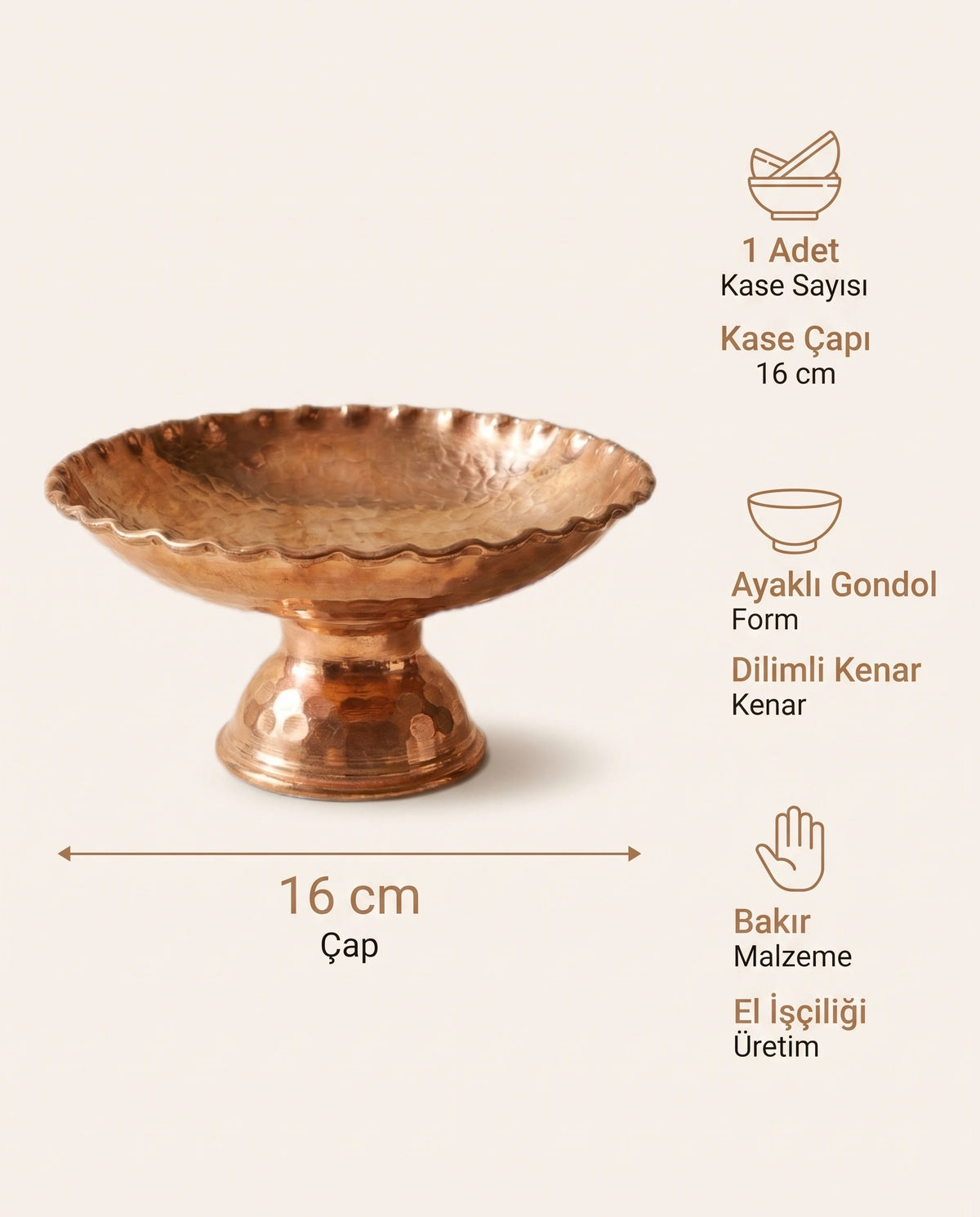 Antep İşi Ayaklı, Dilimli Kenar Kızıl Bakır Sunumluk ve Çerezlik 16 cm - Bilgi İnfografiği - Gaziantep Bakırcılık