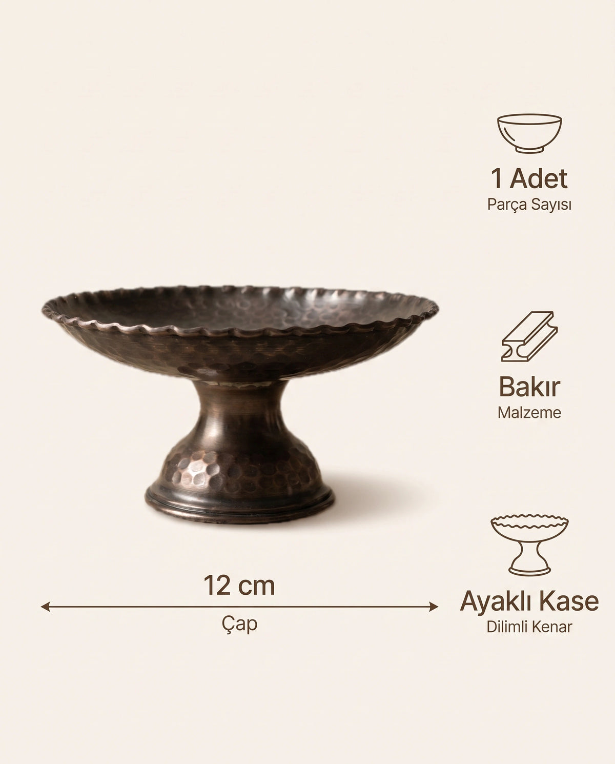 Antep İşi Ayaklı, Dilimli Kenar Oksitli Eskitme Bakır Sunumluk 12 cm - Bilgi İnfografiği - Gaziantep Bakırcılık