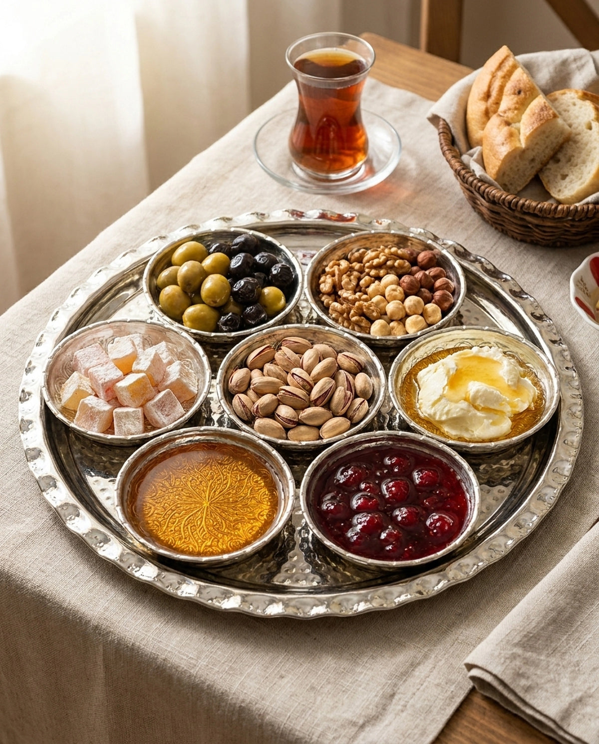 Reçel, zeytin ve kuruyemişlerle dolu el işlemesi bakır kahvaltılık seti ve çay bardağı sunumu - Gaziantep Bakırcılık