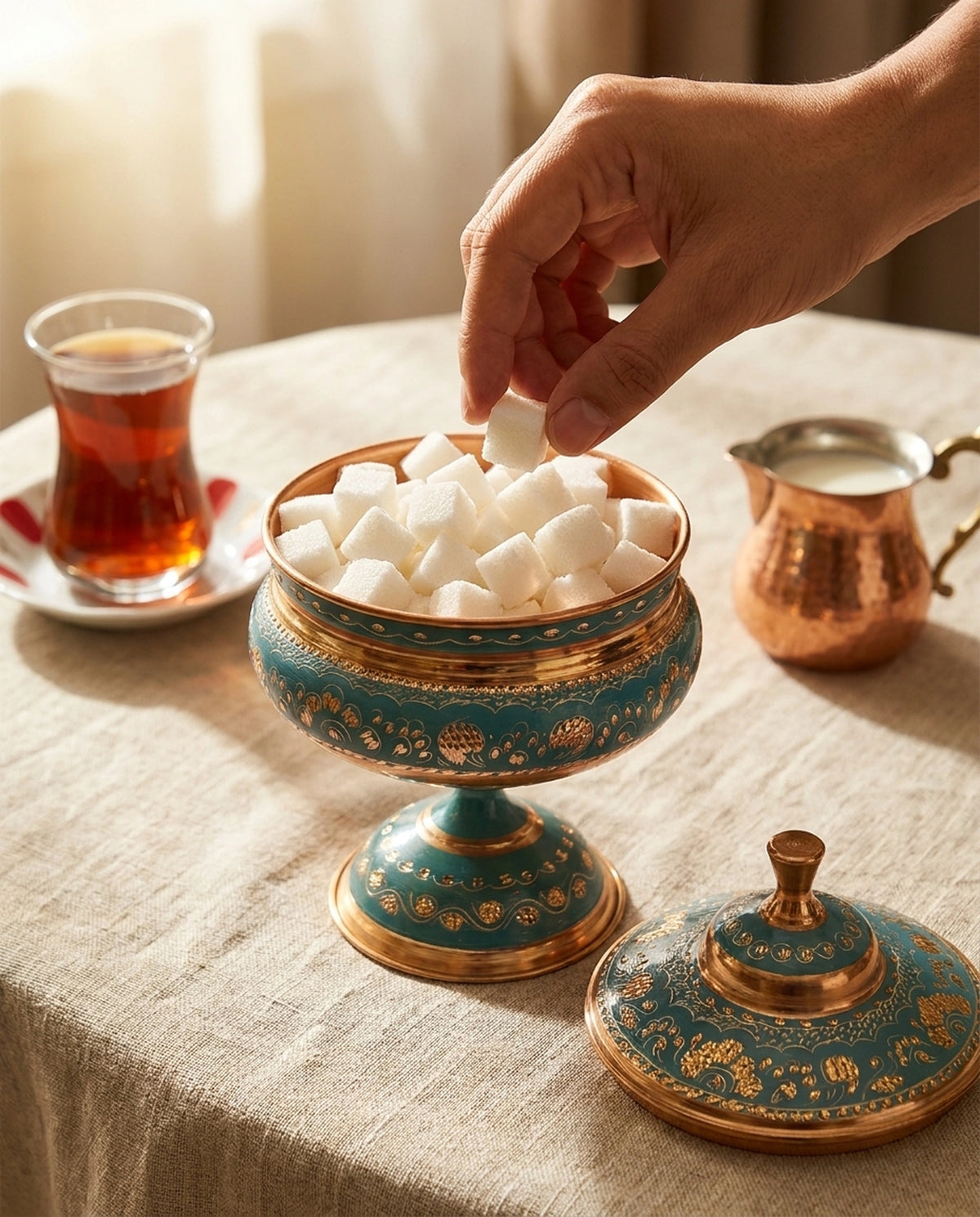 İçi küp şeker dolu mineli bakır şekerlikten şeker alan bir el ve arka planda çay bardağı. - Gaziantep Bakırcılık