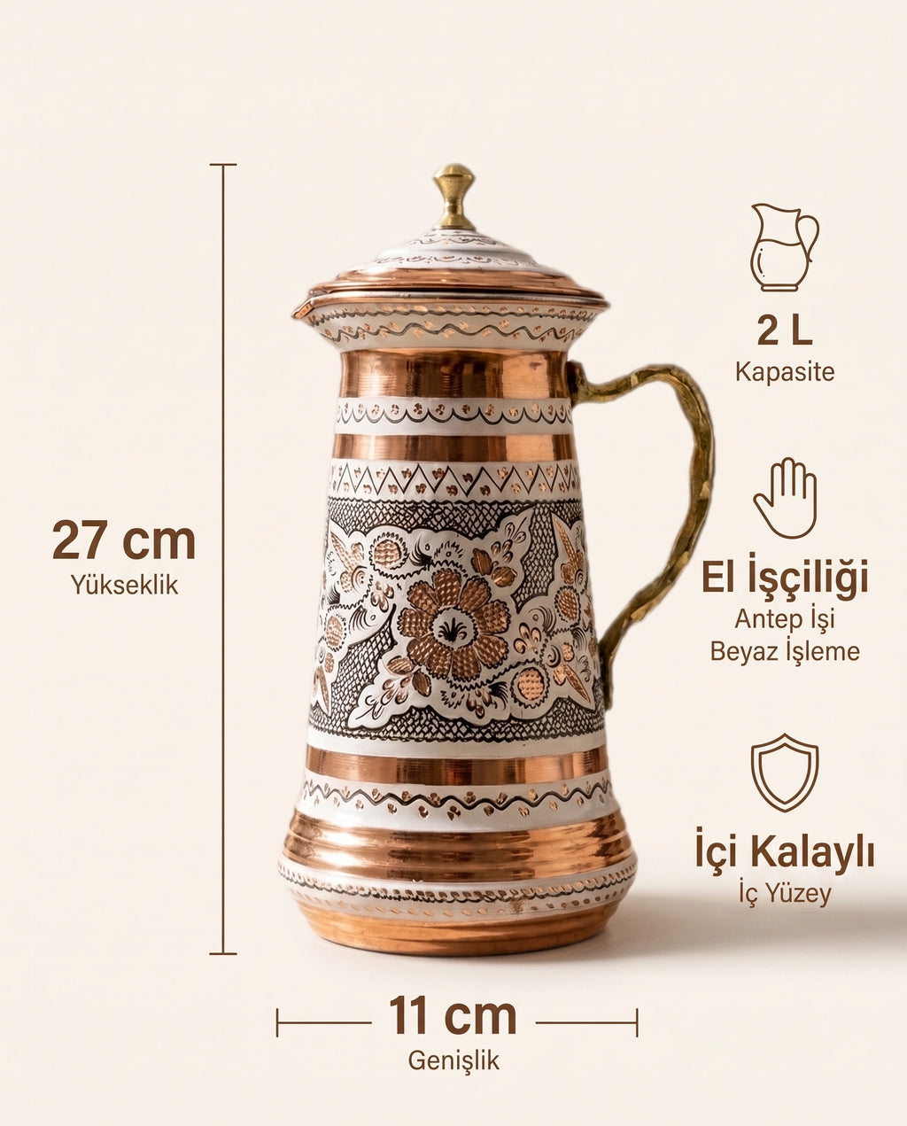 Antep İşi Beyaz İşlemeli Bombeli 2 L Bakır Sürahi - Bilgi İnfografiği - Gaziantep Bakırcılık