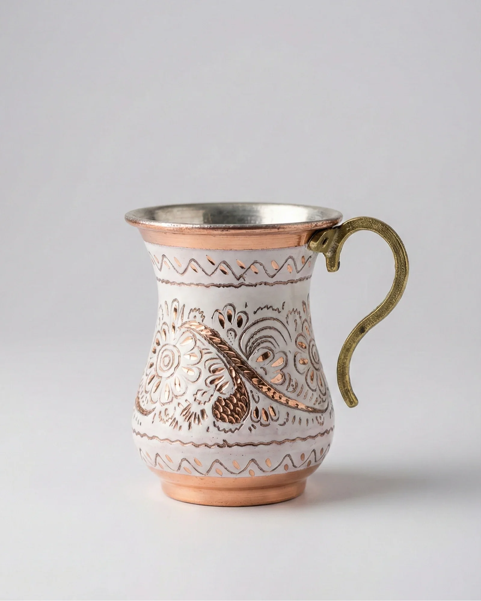 Antep İşi Çiçek Desenli Bakır Kupa - Beyaz (220 ml)