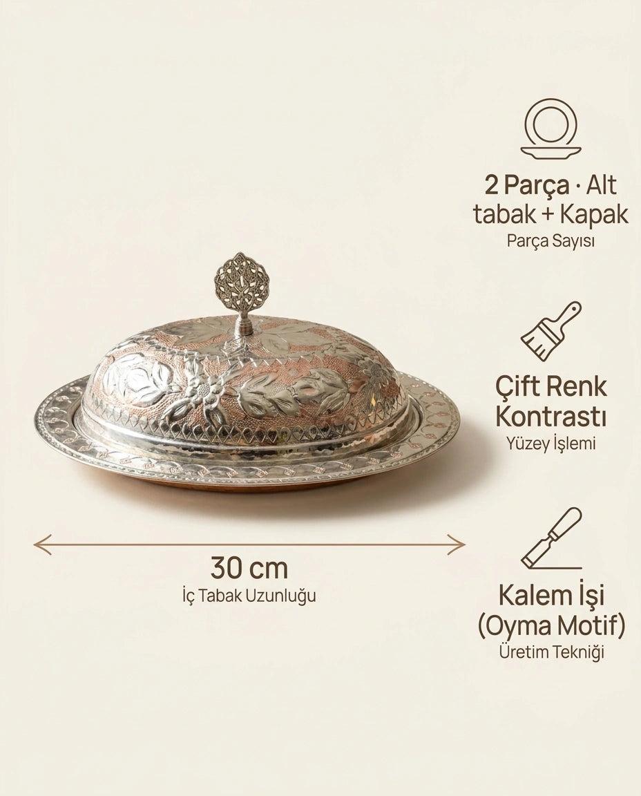 Antep İşi Çift Renk İşlemeli, Kapaklı Bakır Kayık Sunumluk (30 cm) - Bilgi İnfografiği - Gaziantep Bakırcılık