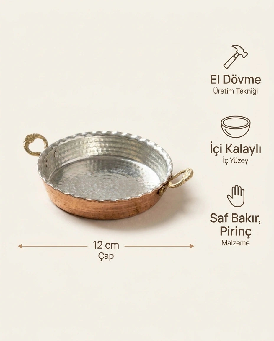 Antep İşi El Dövmesi Dilimli Bakır Mini Sahan (Tereyağlık) - 12 cm - Bilgi İnfografiği - Gaziantep Bakırcılık