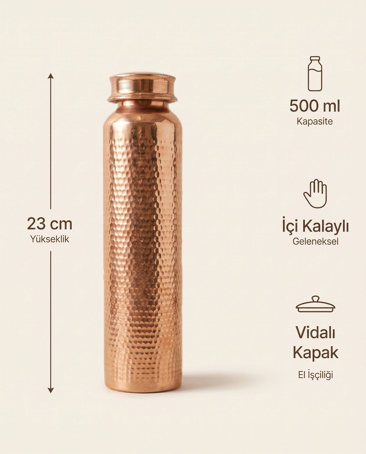 Antep İşi El Yapımı Saf Bakır Su Şişesi (500 ml) - Dövme Desen - Bilgi İnfografiği - Gaziantep Bakırcılık