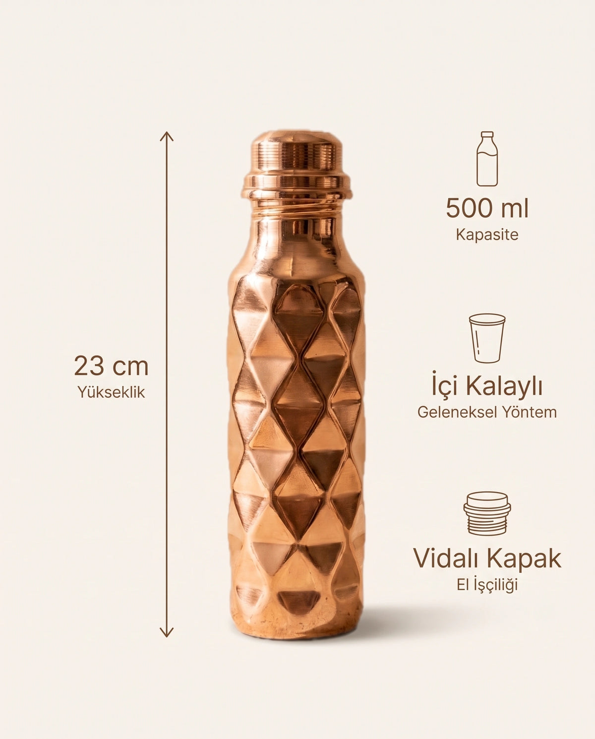 Antep İşi Elmas Kesim Desenli Bakır Matara (500 ml) - Prizma Model - Bilgi İnfografiği - Gaziantep Bakırcılık