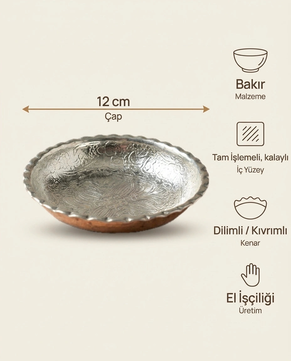 Antep İşi İçi Tam İşlemeli, Dilimli Kenar Bakır Sunumluk 12 cm - Bilgi İnfografiği - Gaziantep Bakırcılık