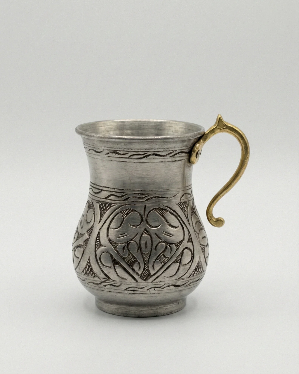 Antep İşi İşlemeli Bombeli Bakır Kupa - Beyaz (250 ml)