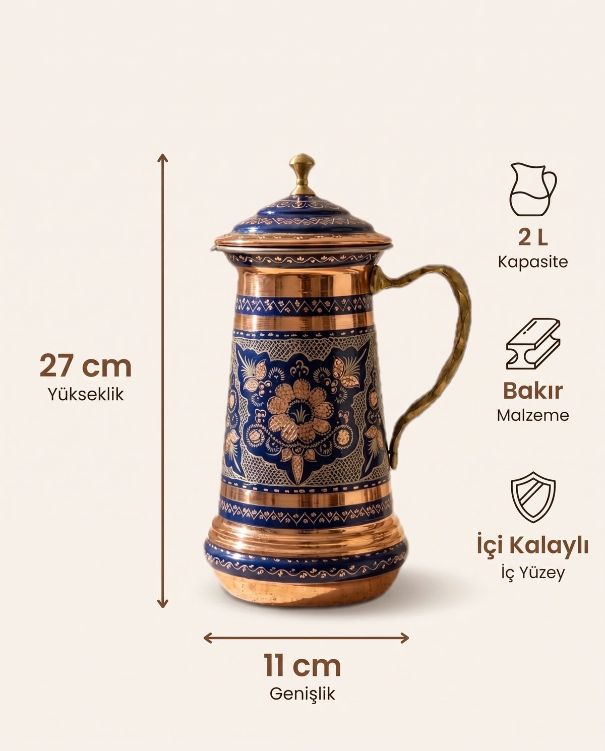 Antep İşi Mavi İşlemeli Bombeli 2 L Bakır Sürahi - Bilgi İnfografiği - Gaziantep Bakırcılık