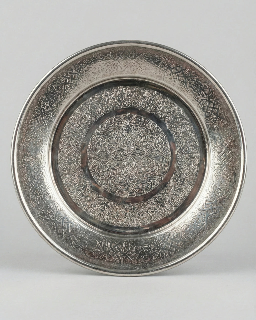 Antep İşi Selçuklu Desenli Parlak Krom 35 cm Supla Servis Tabağı