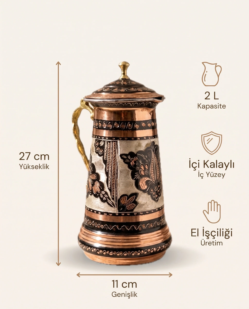 Antep İşi Siyah Beyaz Lale Motifli Bombeli 2 L Bakır Sürahi - Bilgi İnfografiği - Gaziantep Bakırcılık