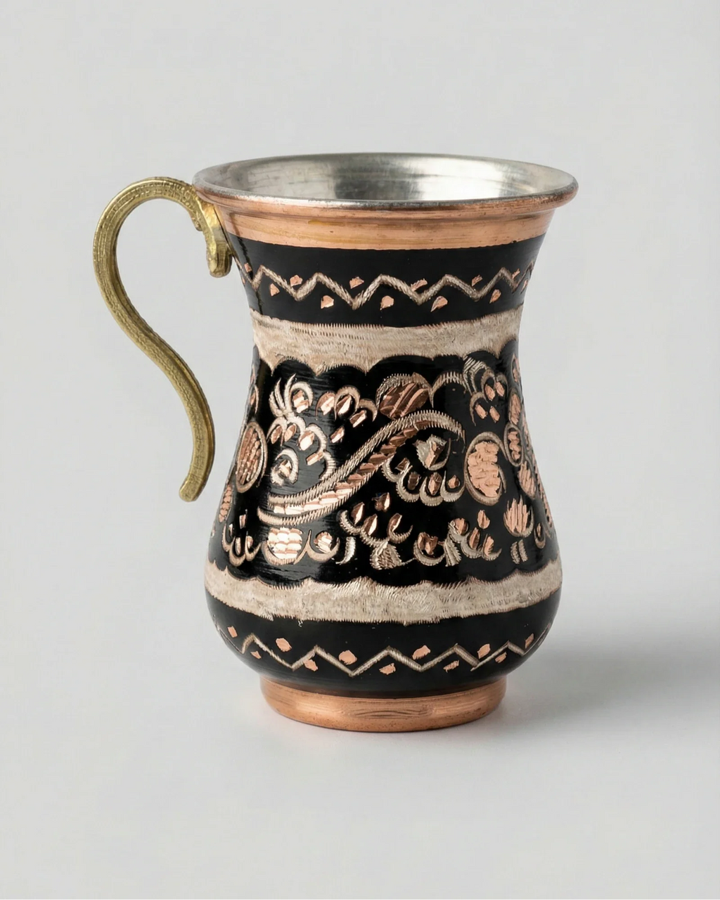 Antep İşi İşlemeli Düz Bakır Kupa - Siyah (220 ml)