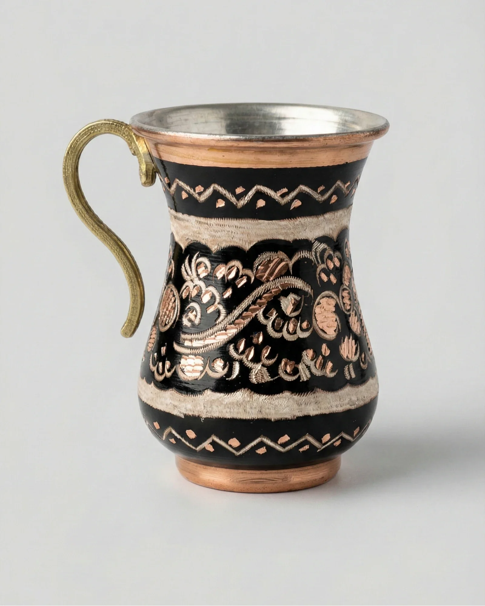 Antep İşi İşlemeli Düz Bakır Kupa - Siyah (220 ml)
