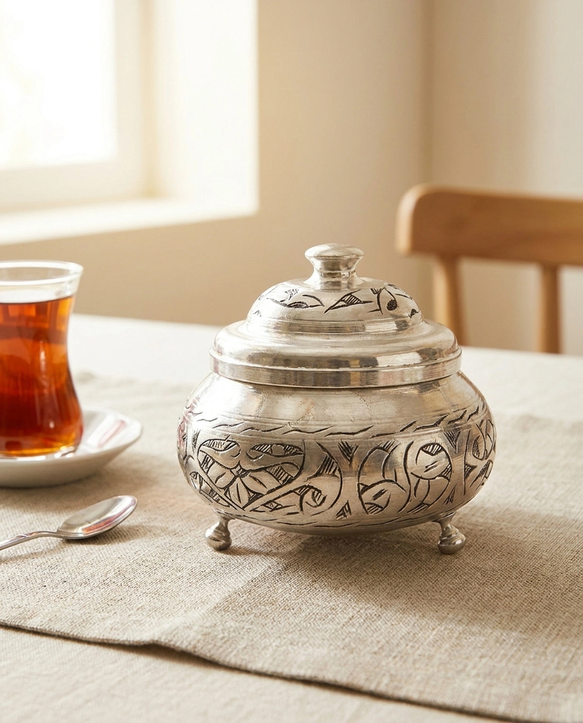 Masa örtüsü üzerinde ince belli bardakta çay ile sunulan işlemeli ayaklı bakır şekerlik. - Gaziantep Bakırcılık