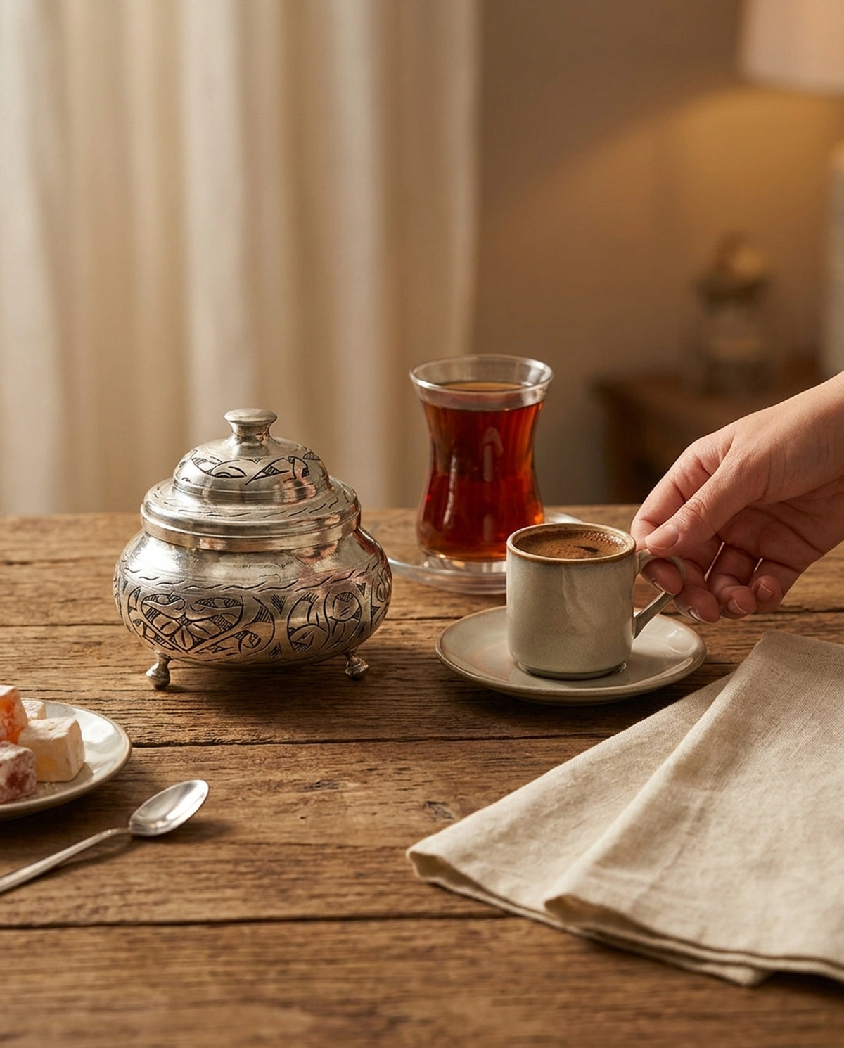 Ahşap masada Türk kahvesi, lokum tabağı ve çay eşliğinde sunulan işlemeli bakır şekerlik. - Gaziantep Bakırcılık