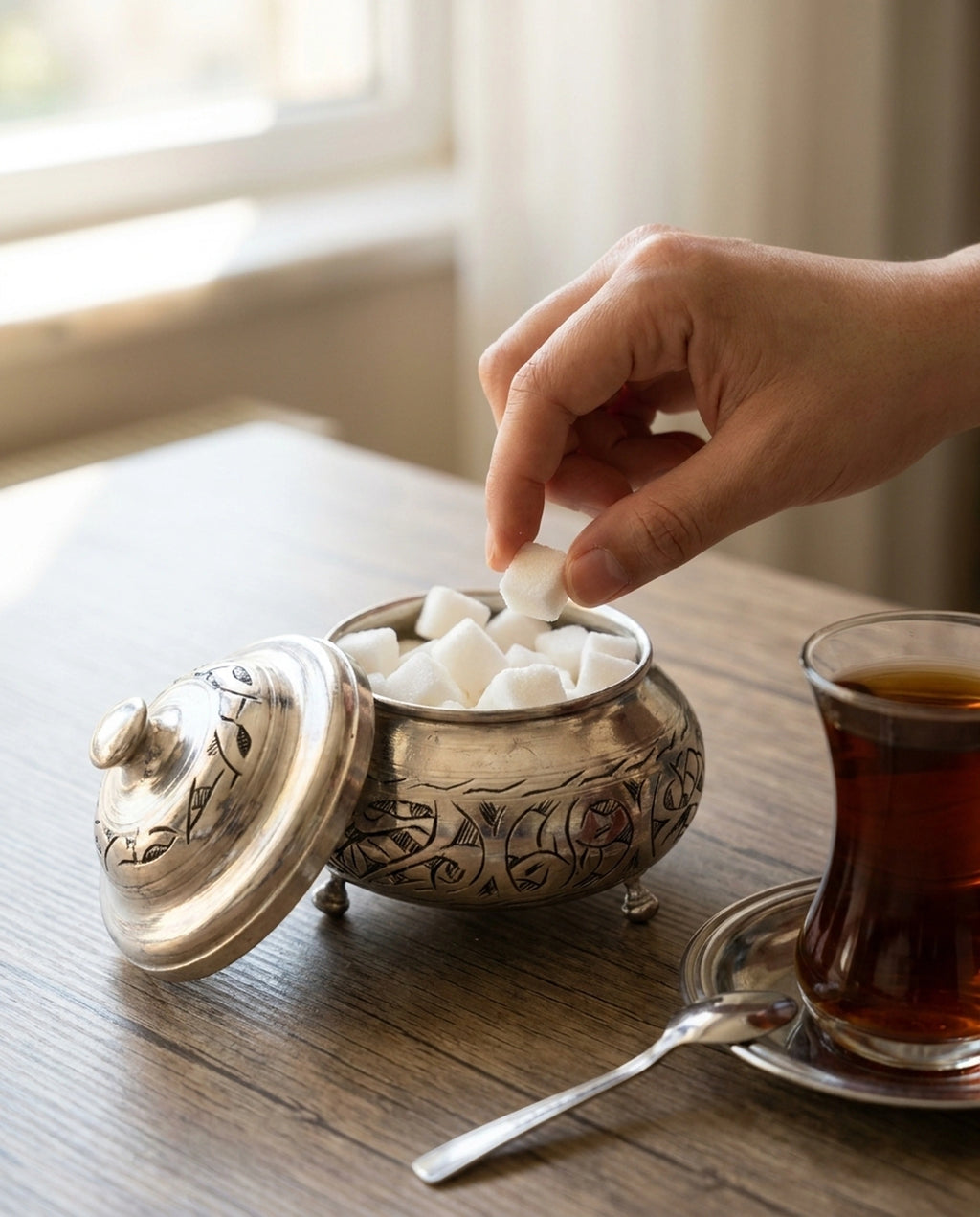 Kapağı açık olan bakır şekerliğin içinden küp şeker alan bir el ve yanında çay bardağı. - Gaziantep Bakırcılık