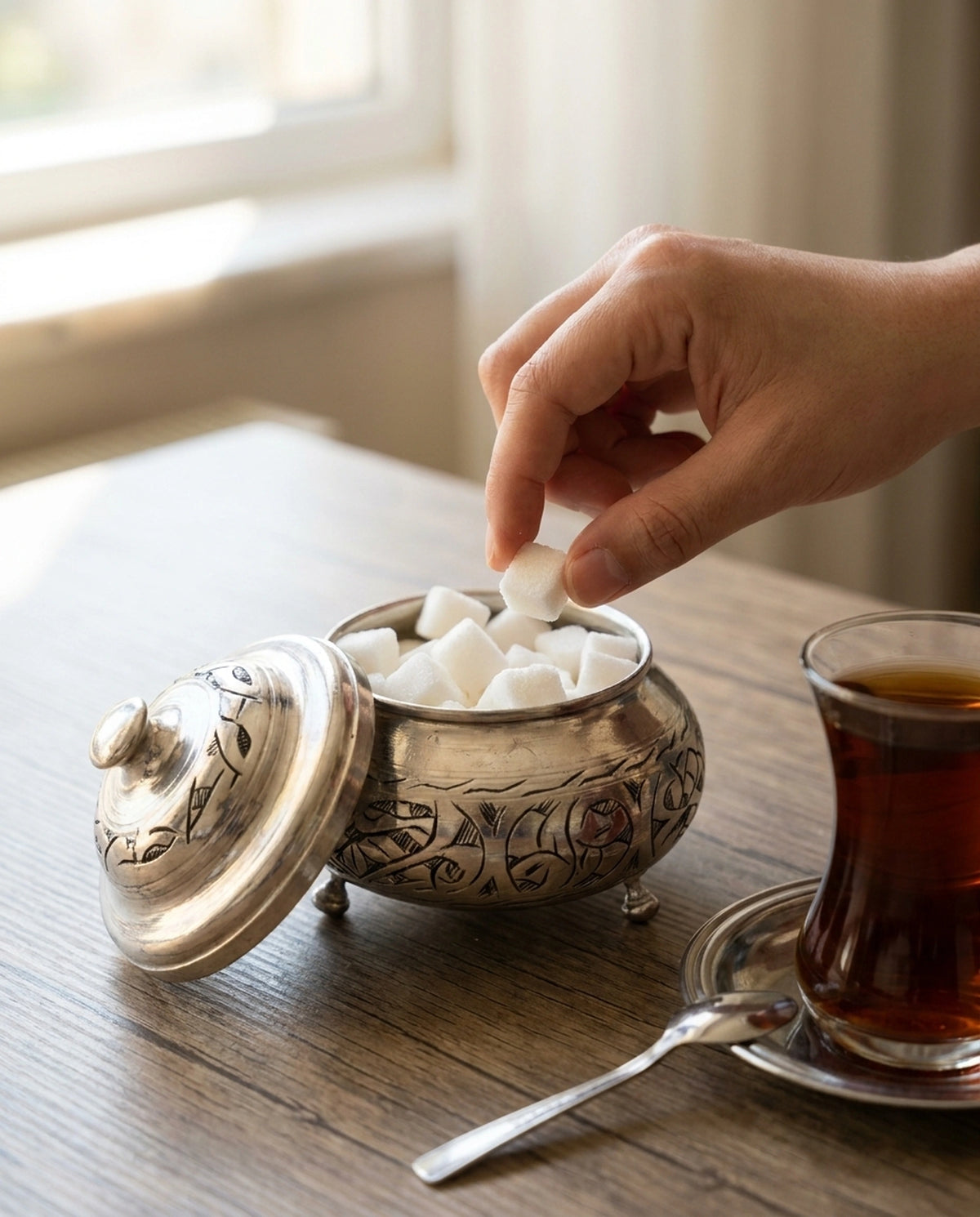 Kapağı açık olan bakır şekerliğin içinden küp şeker alan bir el ve yanında çay bardağı. - Gaziantep Bakırcılık