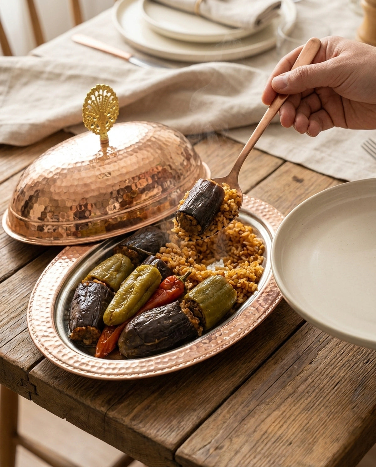 İçerisinden dolma ve pilav servisi yapılan içi kalaylı bakır kayık sunumluk - Gaziantep Bakırcılık