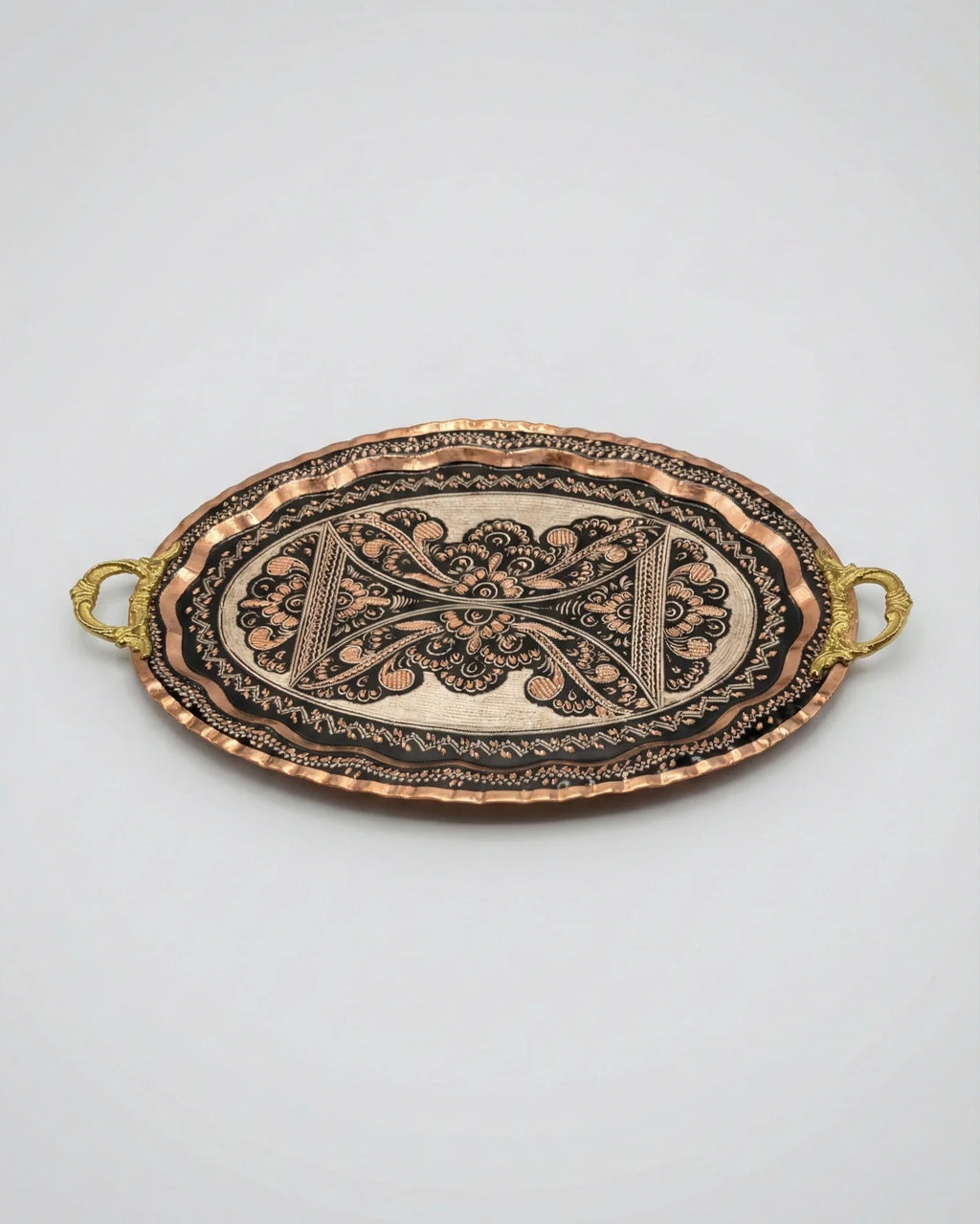 Antep Siyah İşlemeli Oval Bakır Tepsi - 40 cm