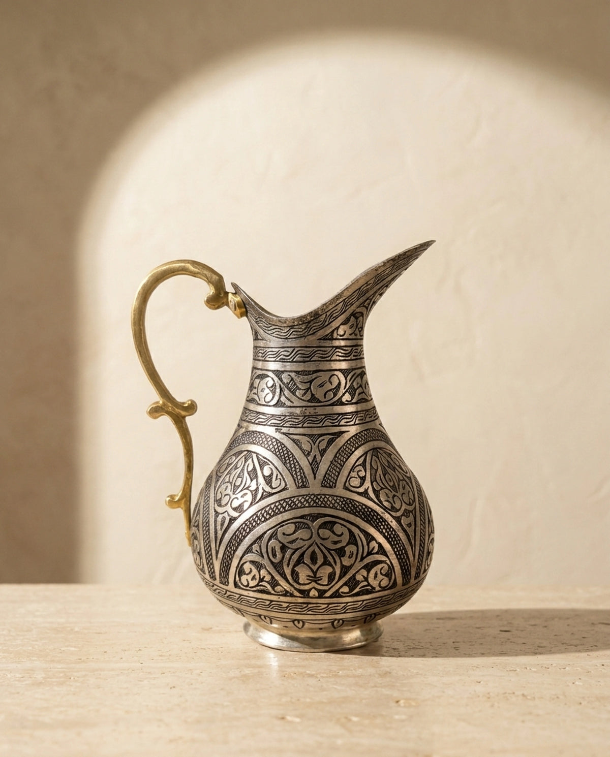 Gümüş renkli, üzeri siyah desen işlemeli, sarı pirinç kulplu bakır sürahinin önden görünümü. - Gaziantep Bakırcılık