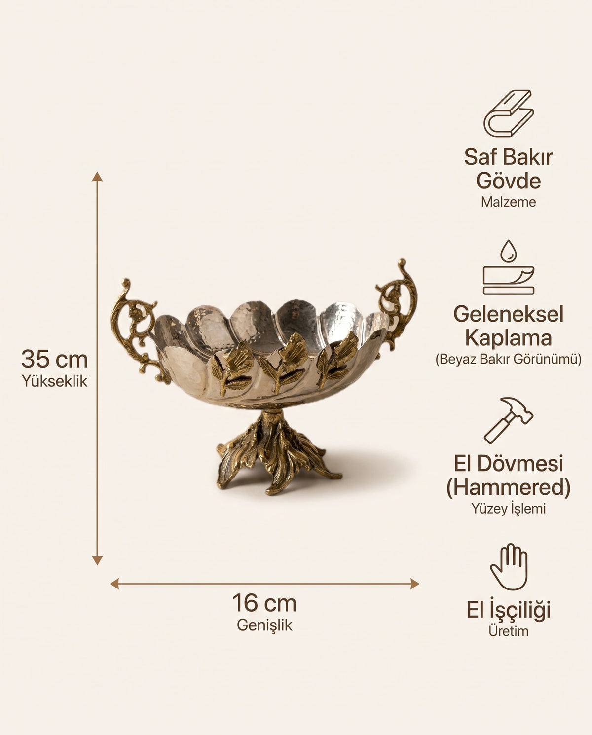 Ayaklı Çiçek Motifli El Dövmesi Beyaz Bakır Kayık Sunumluk 35 cm - Bilgi İnfografiği - Gaziantep Bakırcılık