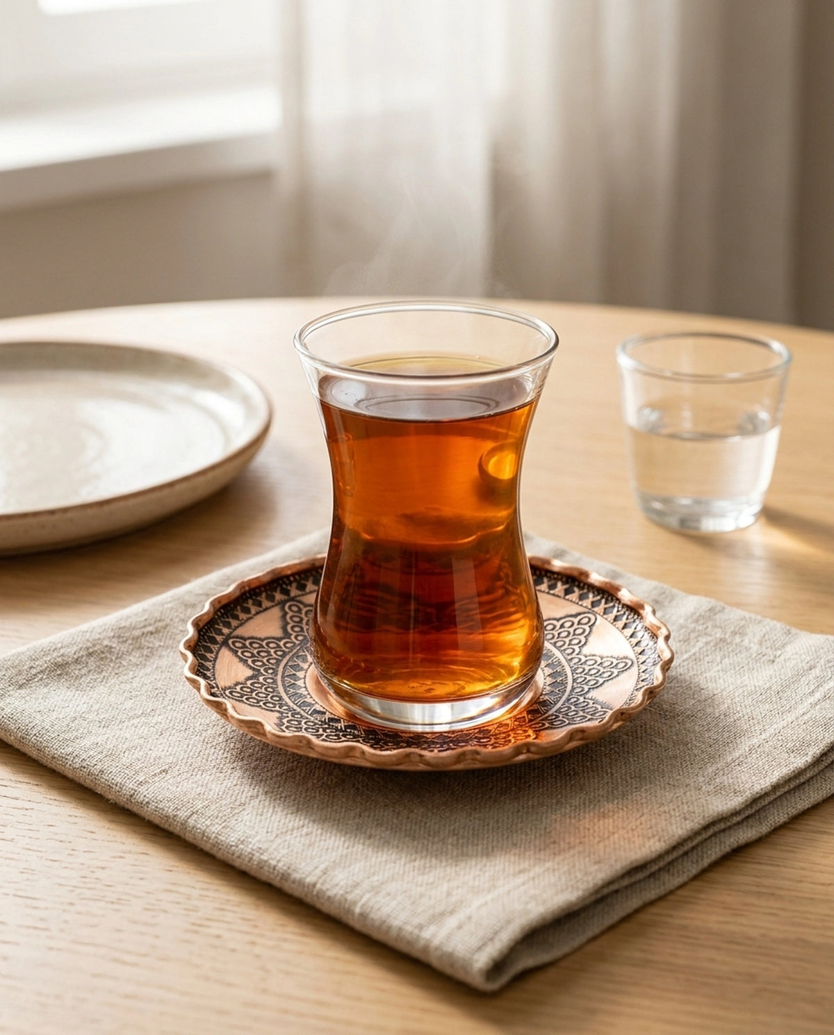 Ahşap masa üzerinde duran bakır bardak altlığı ve içinde sıcak çay bulunan ince belli bardak - Gaziantep Bakırcılık